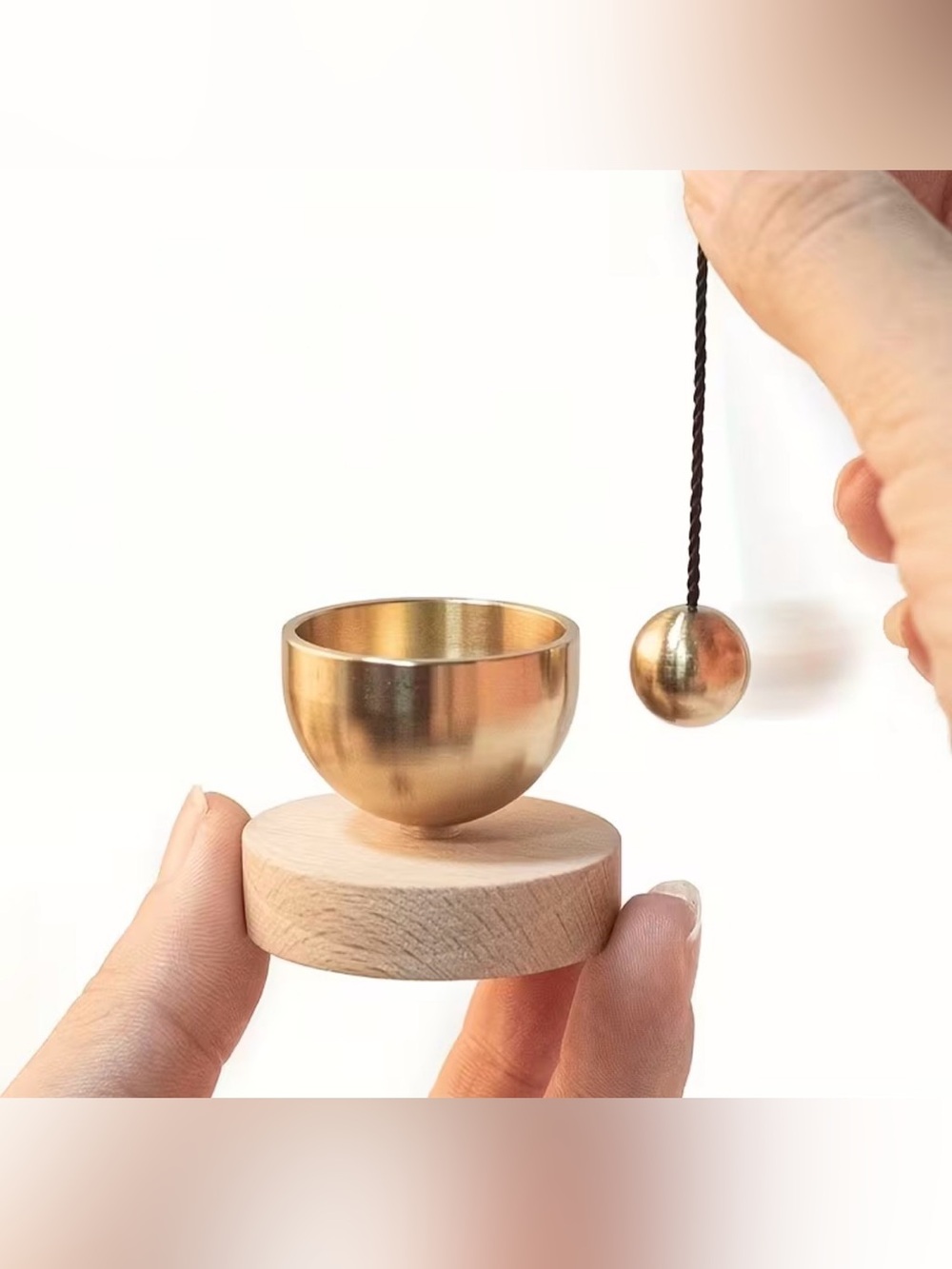 Mini Brass Meditation Singing Bowl with Wooden Base - Gold